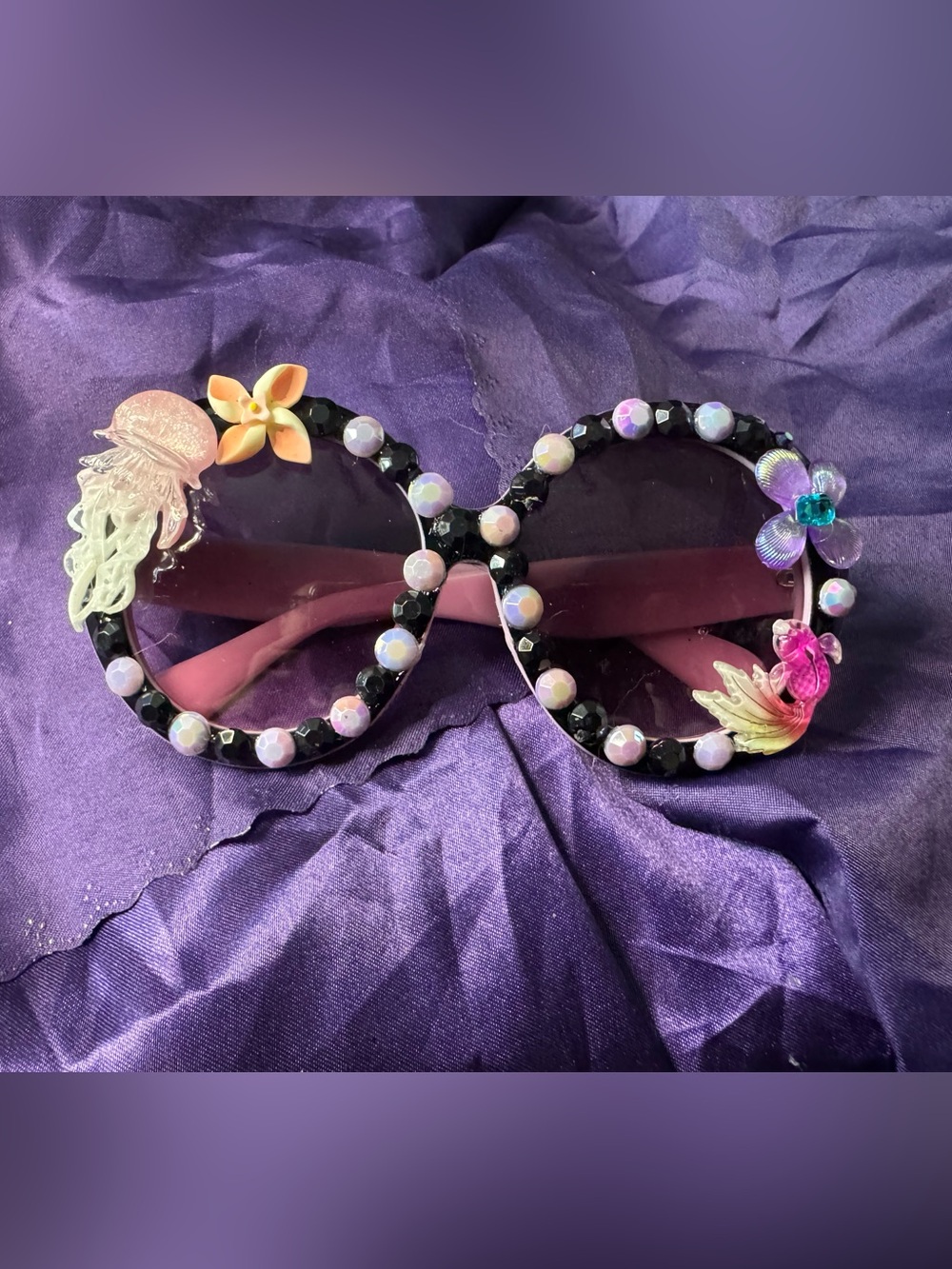 Decorative Black Beaded oversized Round Sunglasses with sea creature Accents